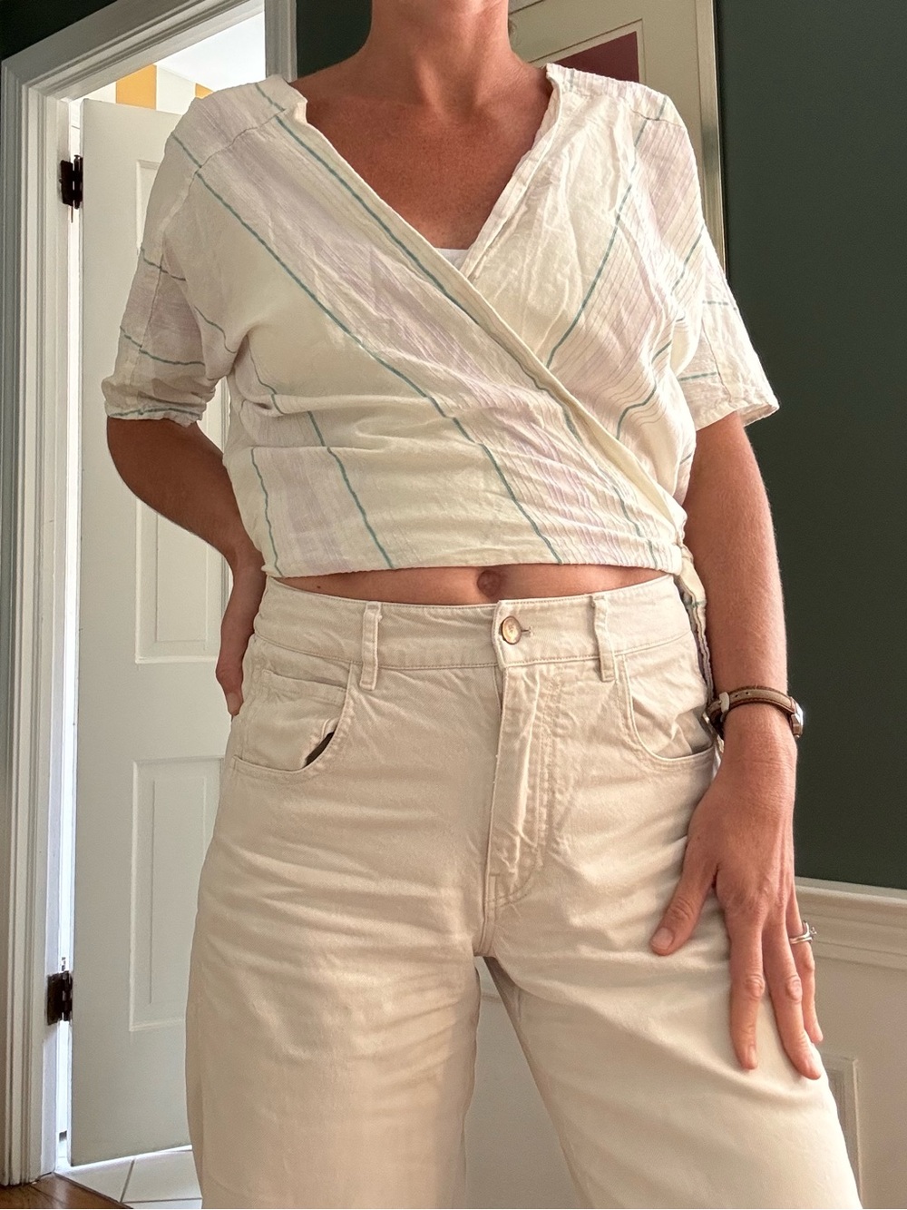 Conrado Cream Wrap-Style Crop Top with Subtle Pastel Stripes